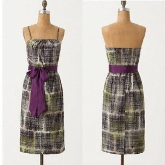 Edme & Esyllte | Anthropologie Wythes Purple & Green Sash Strapless Sheath Dress - Picture 1 of 10